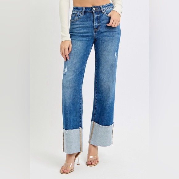 High Rise Dark Wash Wide Leg Wide Cuffed Jeans - Risen - Picture 2 of 5